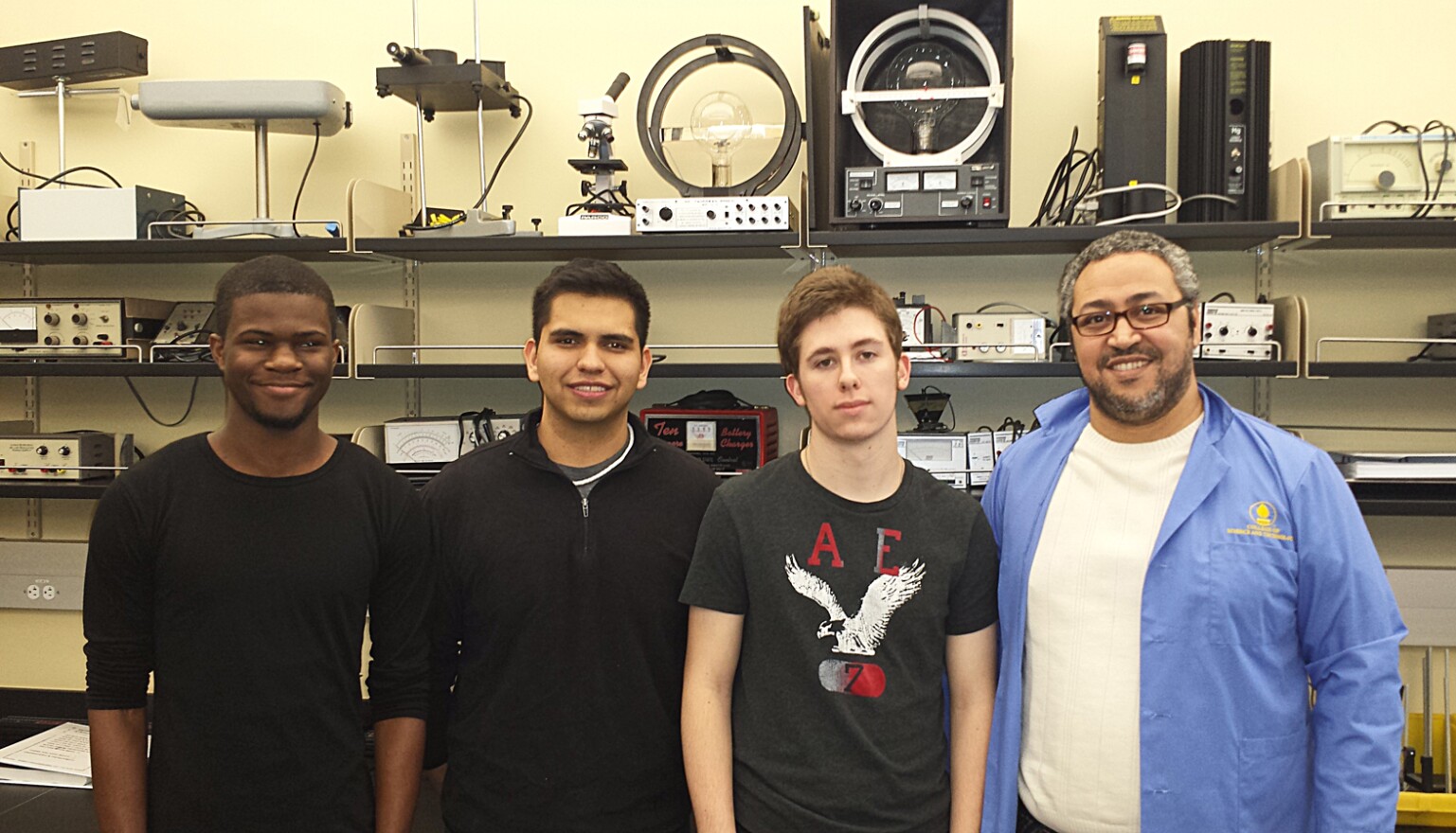 Physicist Abdel Bachri, right, recruited three SAU students to help with research. From left, are Darryl Webb, Ricardo Romo, Cullen Shaffer and Bachri.